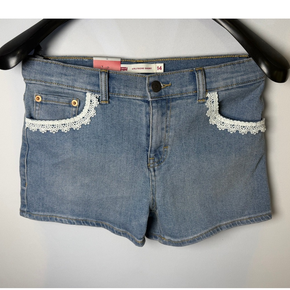 Levis Girls Girlfriend Shorts Light Wash Denim Lace Trim Size 14 NWT